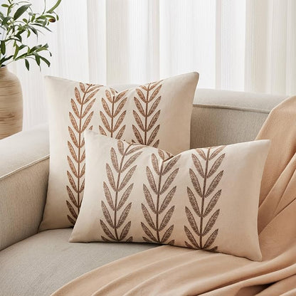 100% Cotton Farmhouse Leaves Throw Pillow Covers Set of 2, 20x20 Inch Caramel - Image 4