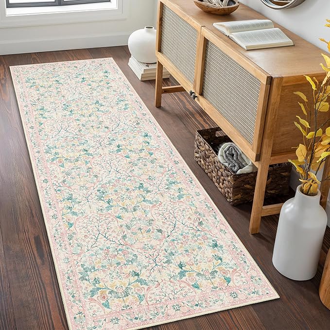 MUJOO Washable Runner Rug Pink, Floral 2x6 Runners by MUJOO