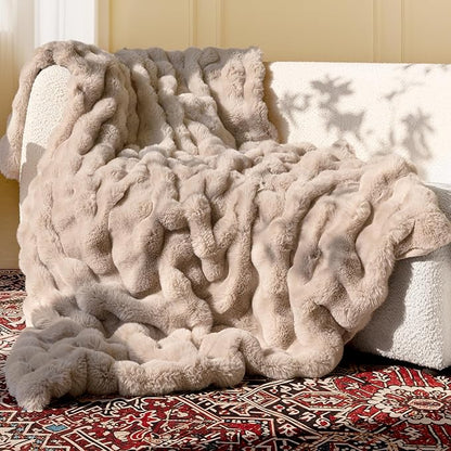 Ultra Soft Cozy Faux Fur Throw Blanket, Fuzzy Plush Thick Bubble Blanket by blunique