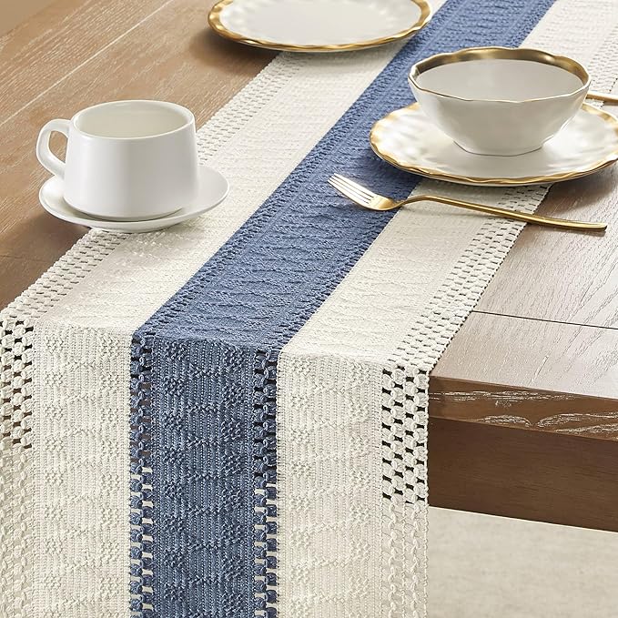 ZeeMart Macrame Style Bicolor Stitching Table Runner, 12 x 90 Inch Blue/Ivory - Image 4