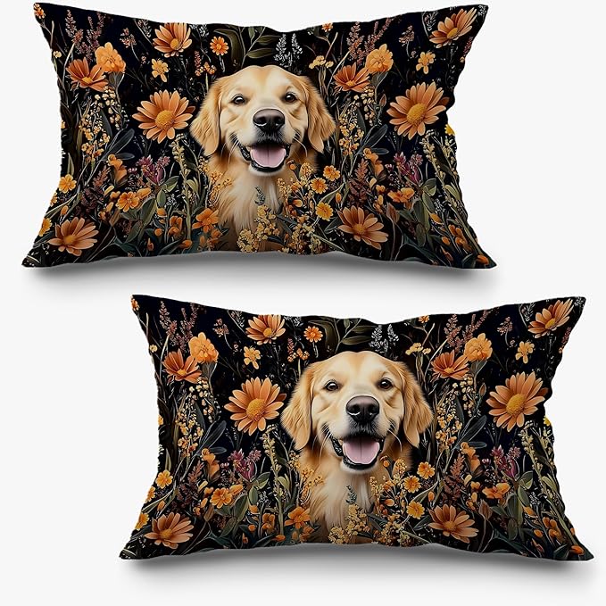 Moody Floral Golden Retriever Pillow Covers 12x20 Set of 2, Gifts by Exqcom