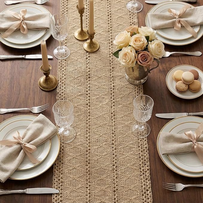 Burlap Boho Table Runner Farmhouse Rustic Jute Macrame Woven Dining Table Runner - Image 8