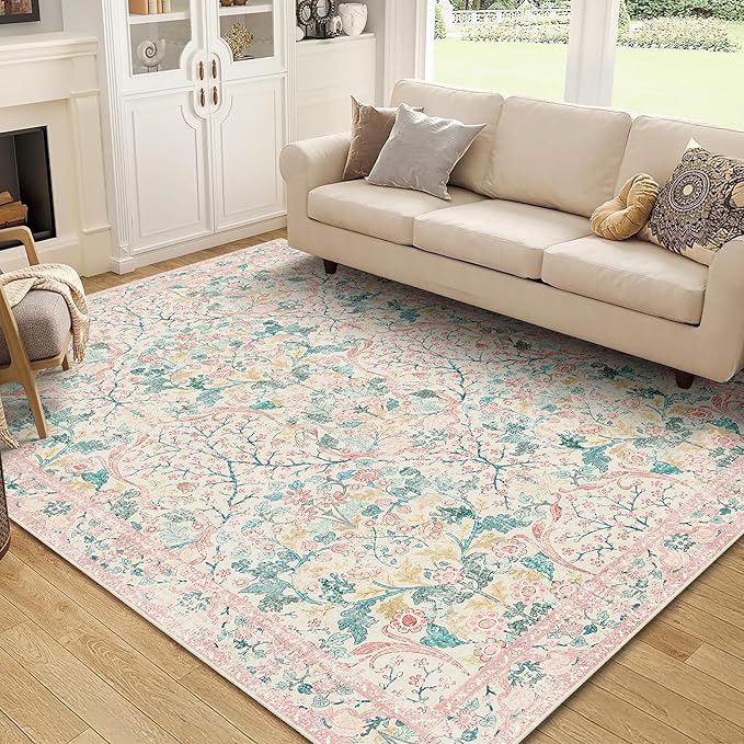 MUJOO Pink 5x7 Area Rugs, Floral Washable Rug by MUJOO