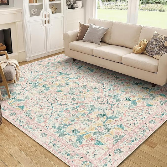 MUJOO Pink 5x7 Area Rugs, Floral Washable Rug by MUJOO