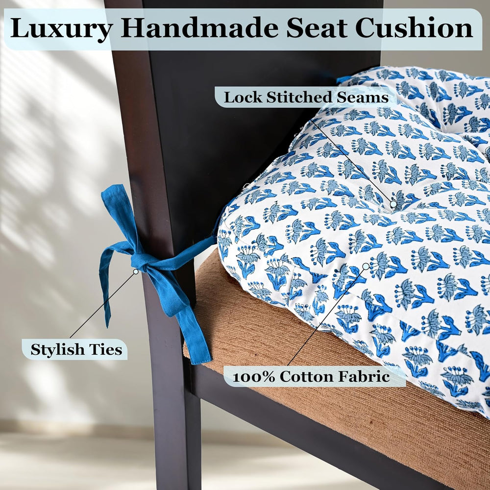 CPC Apatite Blue Block Print Cotton Chair Cushions 16x15x4 Inch, Set of 2