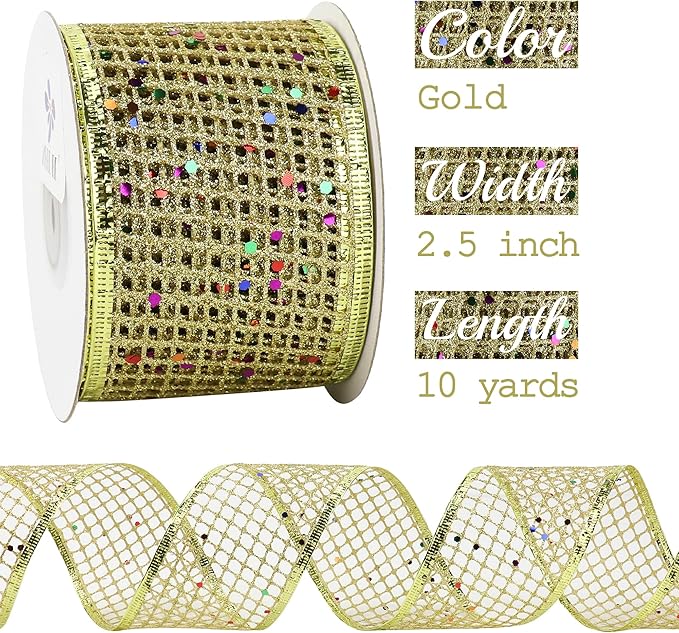 MEEDEE Gold Glitter Christmas Ribbon 2.5 Inch Square Mesh Net Wired Ribbons - Image 2