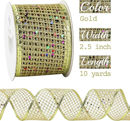 MEEDEE Gold Glitter Christmas Ribbon 2.5 Inch Square Mesh Net Wired Ribbons - Image 2