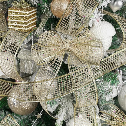 MEEDEE Champagne Gold Glitter Christmas Ribbon 2.5 Inch Square Mesh Net Wired - Image 4
