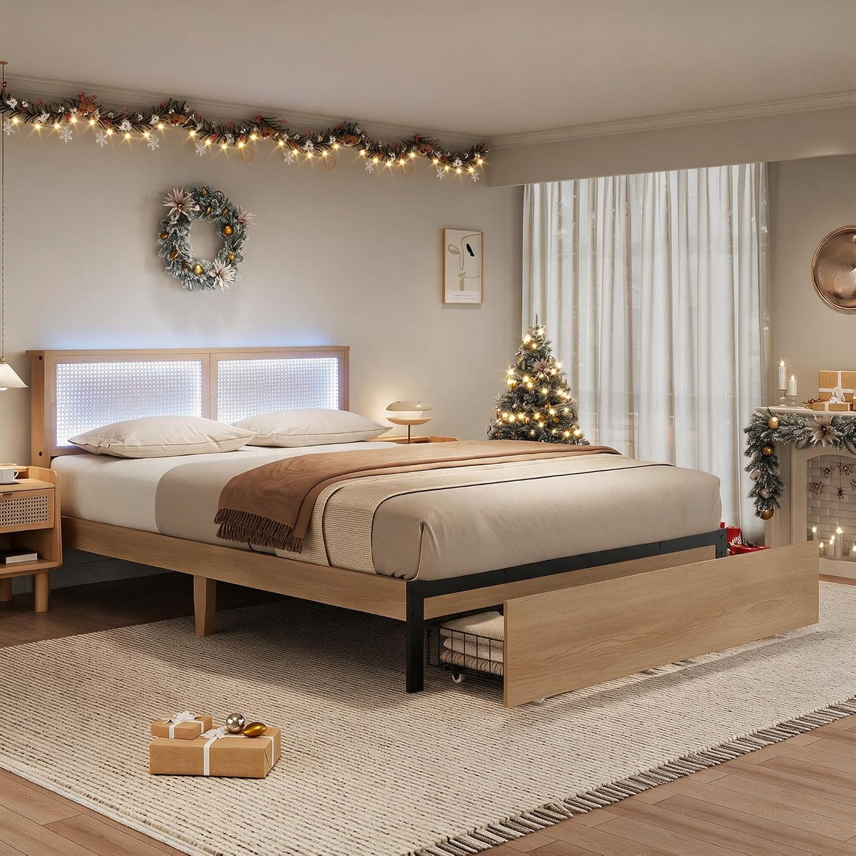 garveehome rattan queen bed frame with 2 storage, front angle view