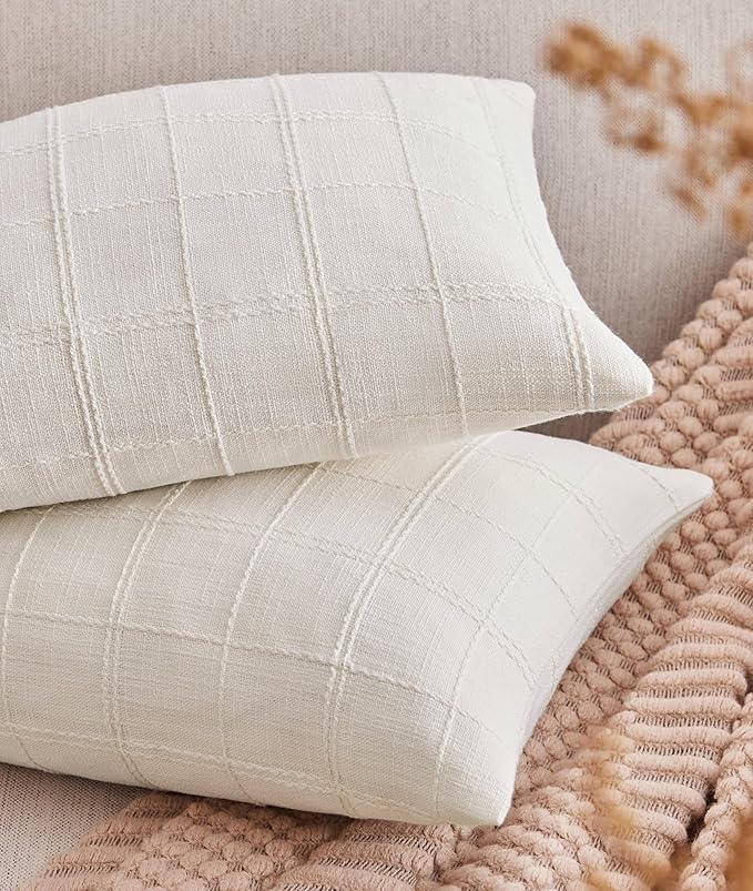 ZeeMart Linen Checked Lumbar Throw Pillow Covers Set of 2, 12x20 Inch Allover by ZEEMARTONLINE