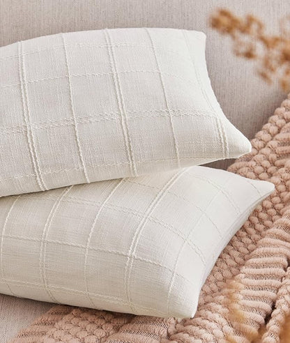 ZeeMart Linen Checked Lumbar Throw Pillow Covers Set of 2, 12x20 Inch Allover by ZEEMARTONLINE