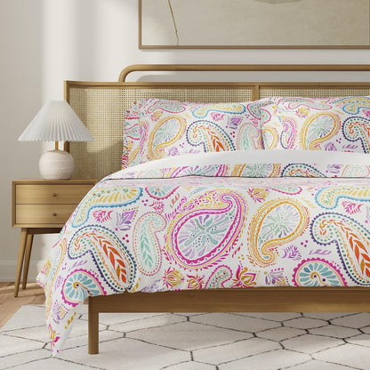 QuickZip Duvet Cover with Zipper Closure – Ultra Soft Long-Staple 100% Cotton, Oeko-Tex Certified, Durable Interior Corner Ties, Corner Clips, Full/Queen, Reversible Paisley/White (Sateen)