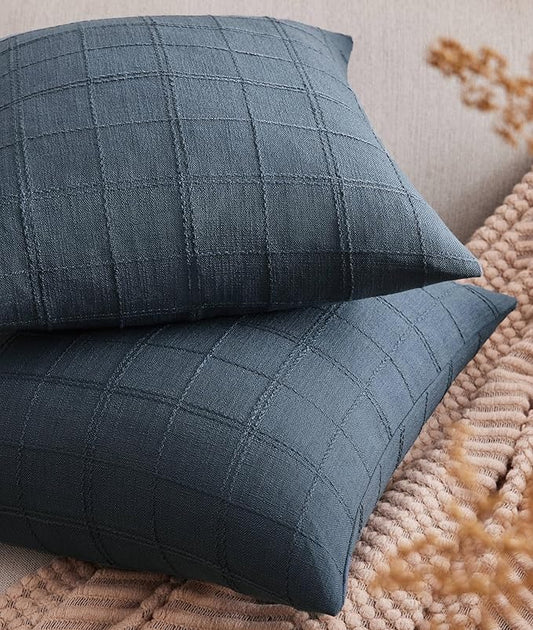 ZeeMart Linen Checked Throw Pillow Covers Set of 2, 18x18 Inch Allover Grid Navy by ZEEMARTONLINE