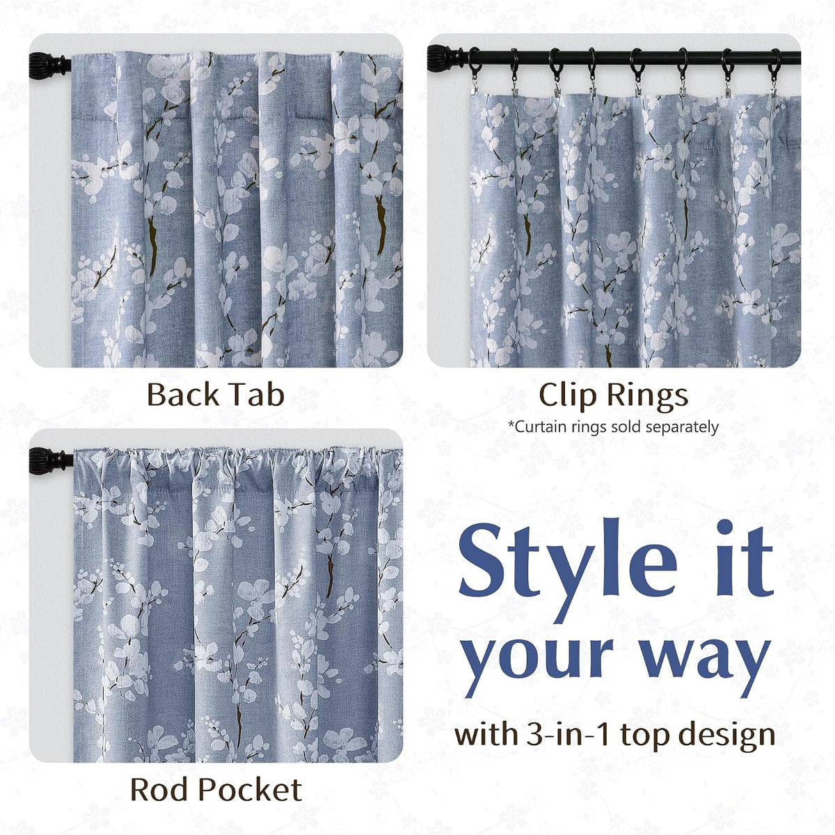 fmfunctex blue blackout floral curtains for bedroom, 63, side view
