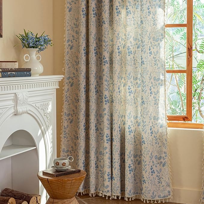 ENJOYBRIDAL Blue Floral Curtains 63 Inches Long 2 Panels Set Semi Sheer Living by ENJOYBRIDAL