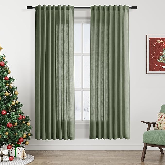 Nanspring Olive Green Linen Curtains by Nanspring
