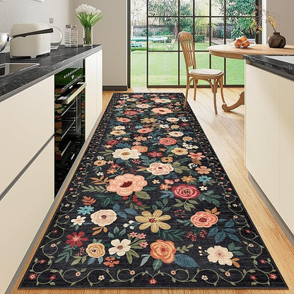 DUKINO 3x10 Runner Rug for Hallway, Washable Kitchen Floral Runner Rug by DUKINO