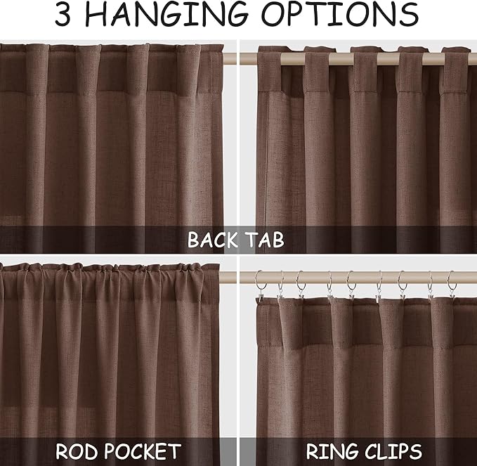 Mocha Mousse Linen Textured Semi Sheer Curtains 96 Inch Long 2 Panel Set Back - Image 2