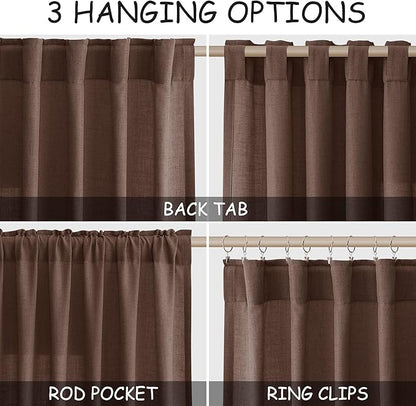 Mocha Mousse Linen Textured Semi Sheer Curtains 96 Inch Long 2 Panel Set Back - Image 2