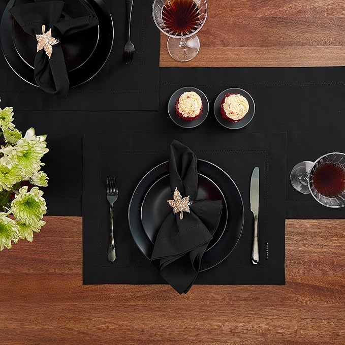 Home Ekaa Black Table Runner 90 Inch–Cotton Linen Hemstitch Washable Table - Image 4