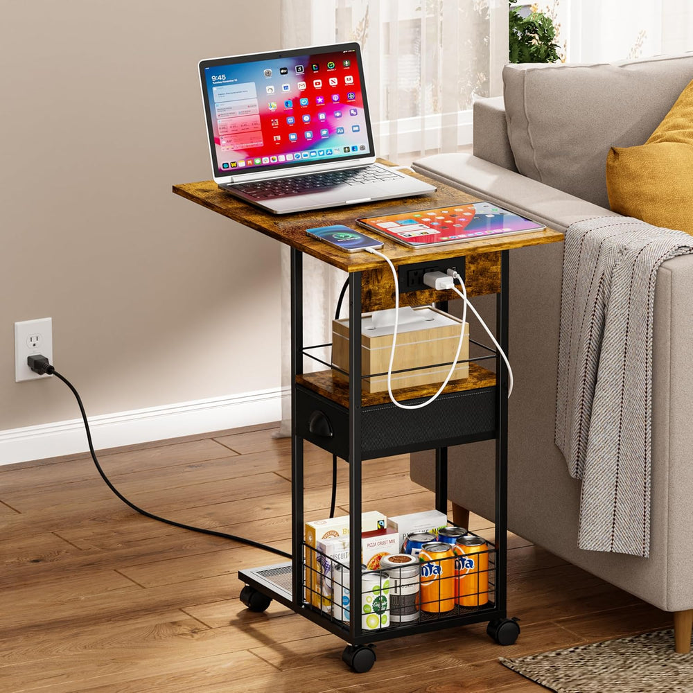 Rolling Side Table, TV Trays, C Table with Charging Station, Storage Drawer