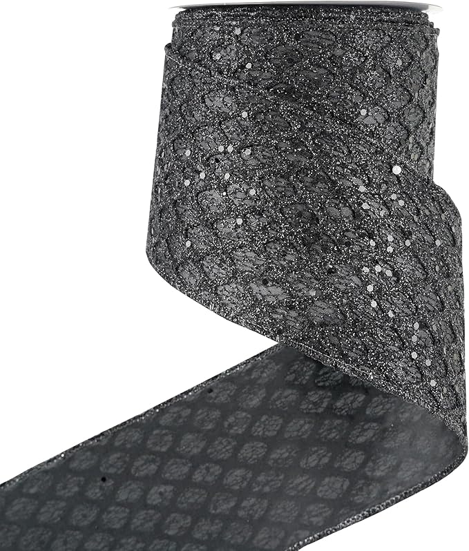 HUIHUANG Black Glitter Wired Ribbon 4 inch Black Christmas Tree Ribbon Diamond by HUIHUANG