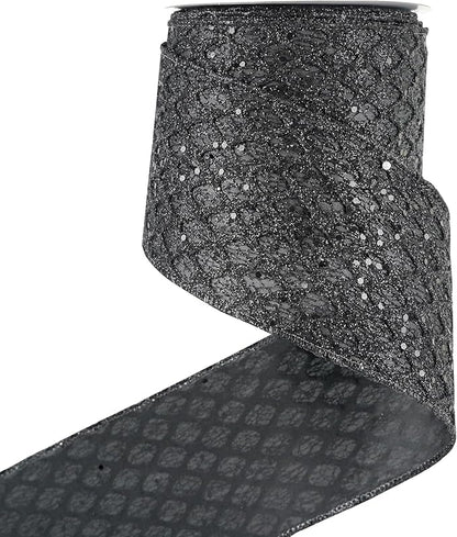 HUIHUANG Black Glitter Wired Ribbon 4 inch Black Christmas Tree Ribbon Diamond by HUIHUANG