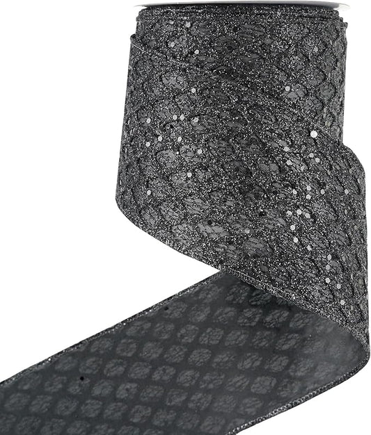 HUIHUANG Black Glitter Wired Ribbon 4 inch Black Christmas Tree Ribbon Diamond by HUIHUANG