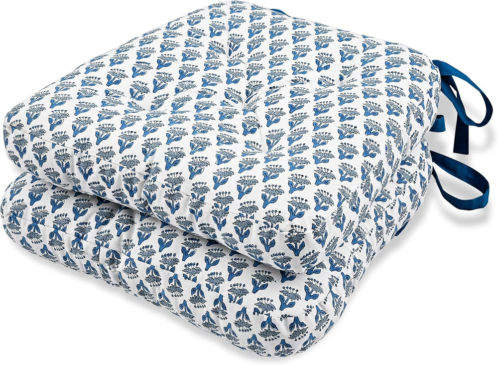CPC Apatite Blue Block Print Cotton Chair Cushions 16x15x4 Inch, Set of 2
