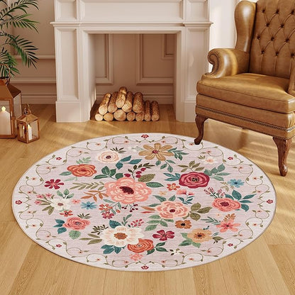 DUKINO Floral Round Rug, 4ft Washable Round Area Rug, Non Slip Indoor Low Pile - Image 2