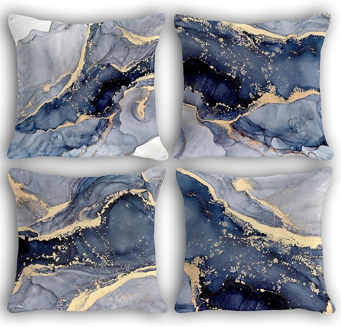 OGILRE Blue and Gold Pillow Covers, Modern Abstract Marble Texture Blue Gold by OGILRE