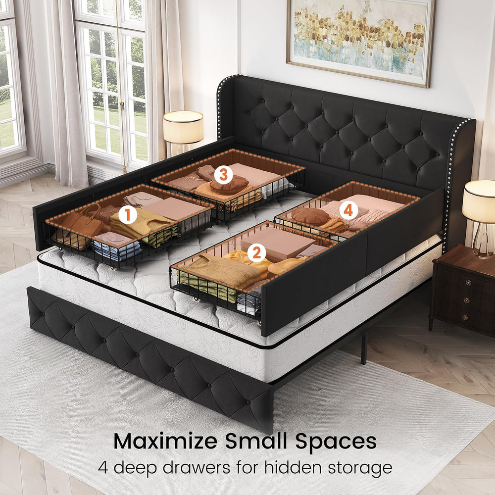 LARMACE Queen Size Bed Frame with 4 Storage Drawers and 47.2" Tall Wingb...