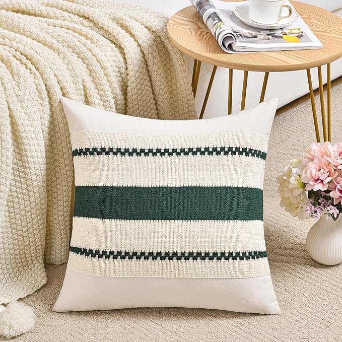 Fancy Homi Set of 2 Dark Green Boho Decorative Throw Pillow Covers 18x18 Inch - Image 2