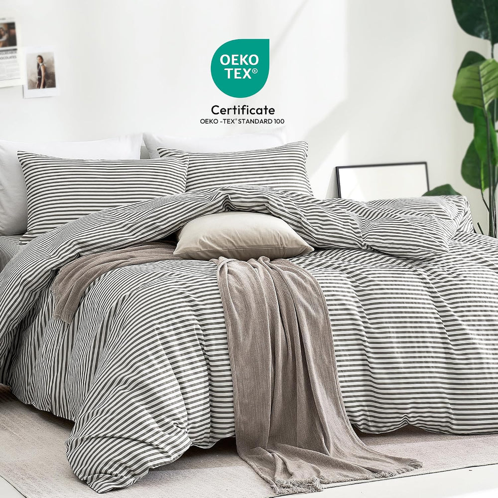 JELLYMONI 100% Cotton Classic Striped Duvet Cover Queen Set, Grey
