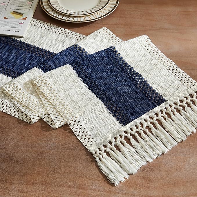 ZeeMart Macrame Style Bicolor Stitching Table Runner, 14 x 60 Inch Navy by ZEEMARTONLINE