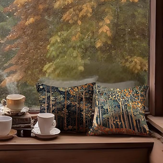 Rustic William Morris Inspired Autumn Forest Decor Throw Pillow Covers 18x18 - Image 5