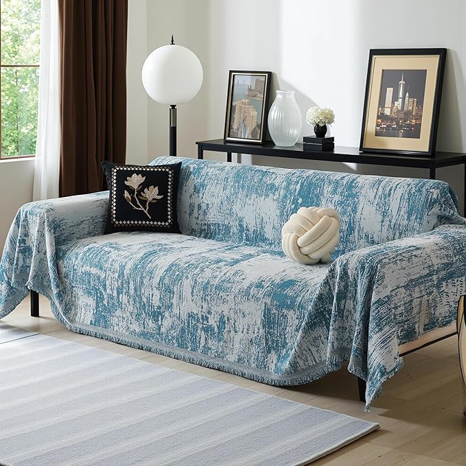 MEETSKY Blue Couch Cover Sectional Sofa Covers Washable Chenille Geometric by MEETSKY
