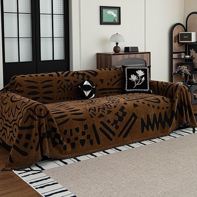 MEETSKY Boho Couch Cover Sofa Covers, Chenille Geometric Dark Brown Couch Covers - Image 7
