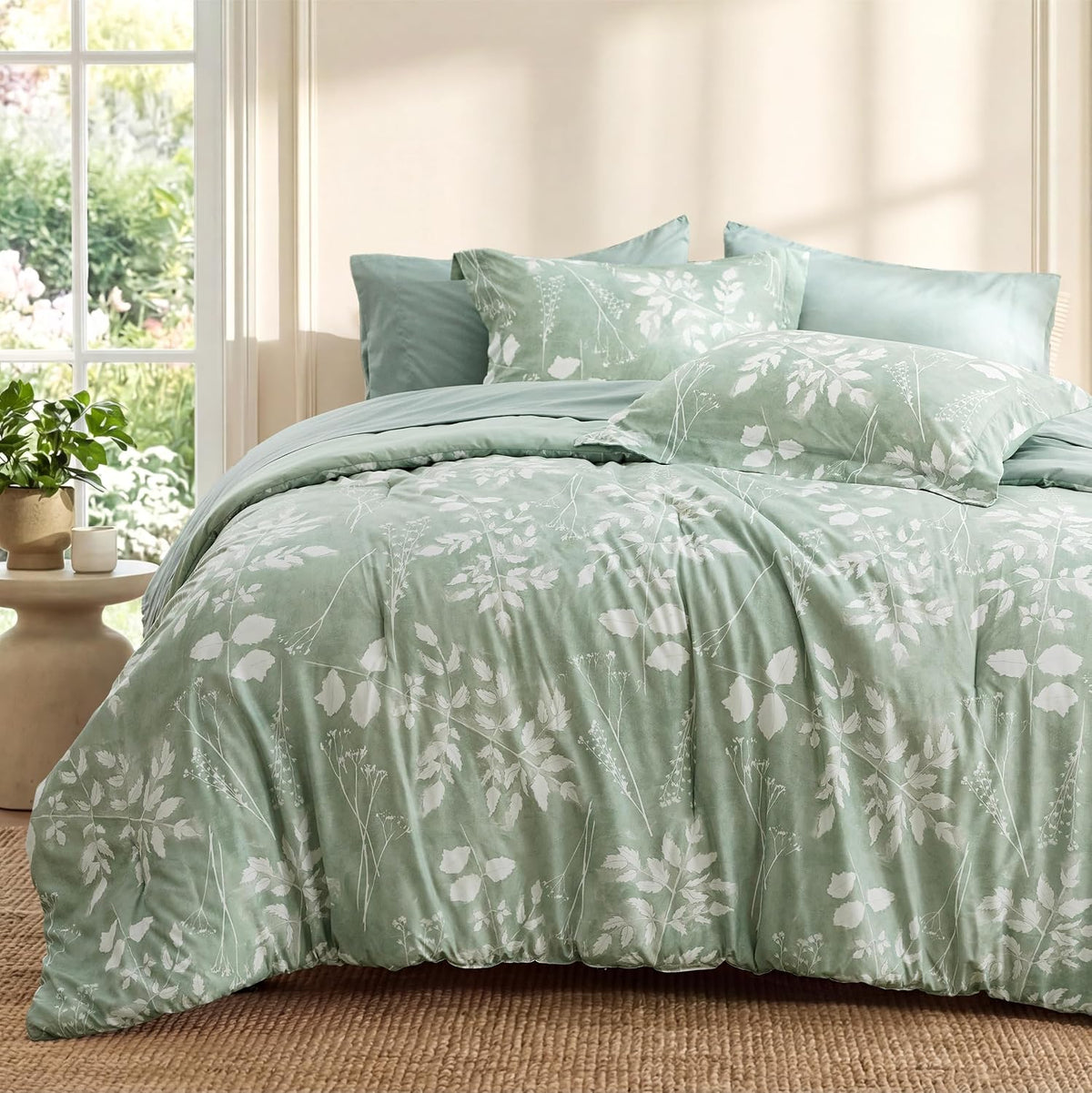 bedsure sage green queen comforter set, floral bedding, front angle view