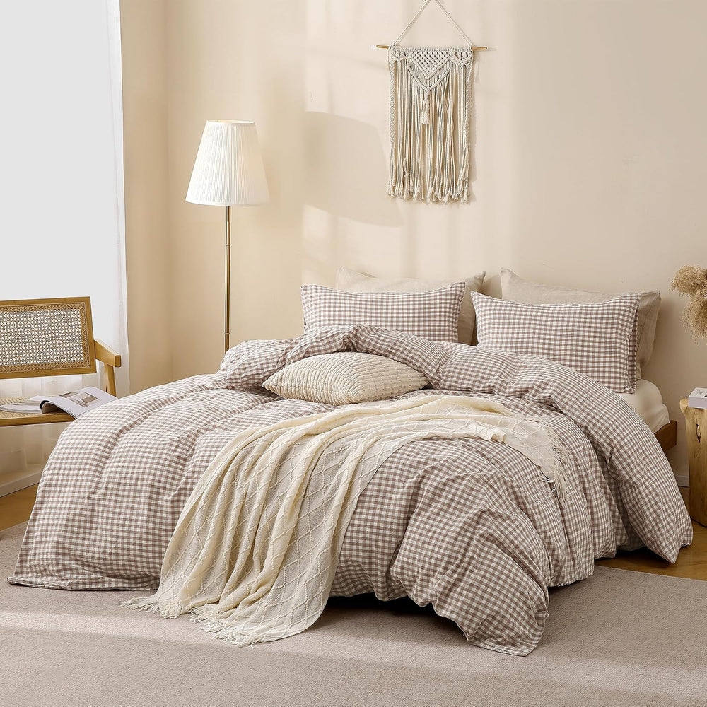 TOCOMOA Tan Gingham Duvet Cover Bedding Set Washed Cotton Like Linen, King