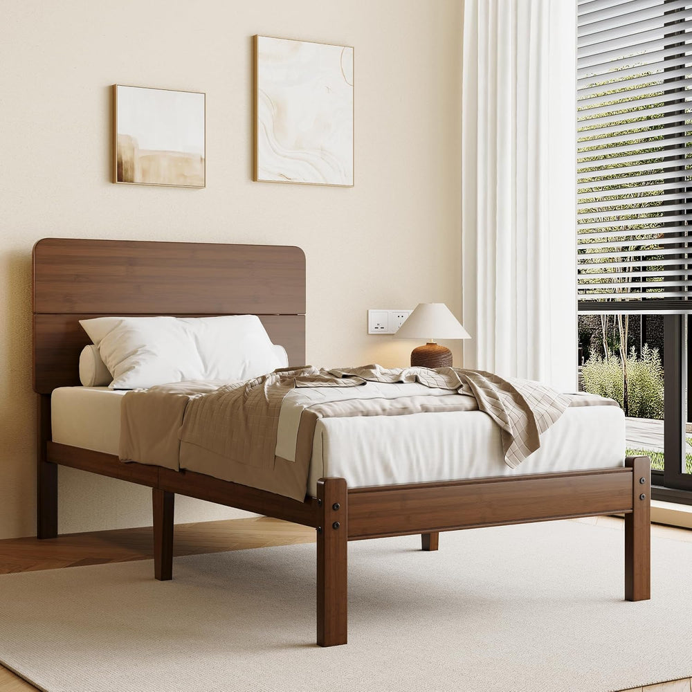 14" Solid Bamboo Wood Twin Platform Bed Frame with Headboard
