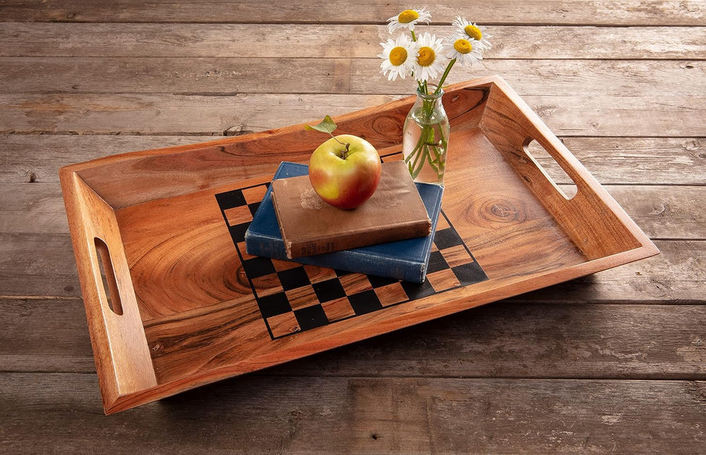 Wonder-ful Gifts Serving Tray with Chessboard - Chess and Checkers Pieces Inc...