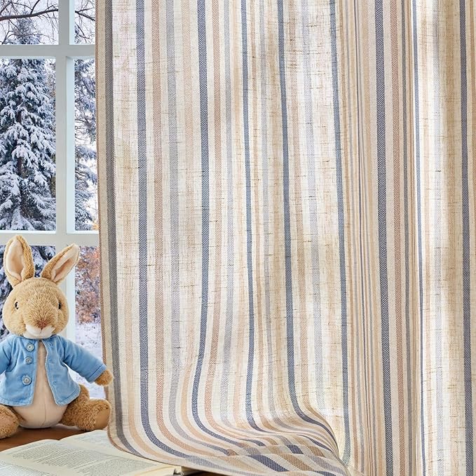 Vangao Linen Striped Blue Curtains Boho Tickingstripe Light Filtering Nursery - Image 4