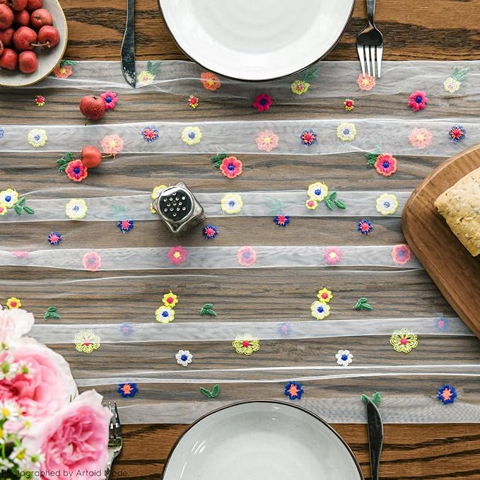 Artoid Mode Embroidery Daisy Spring Gauze Table Runner 59x120 Inch 10FT - Image 4