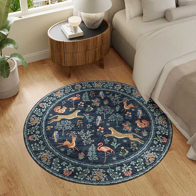 DUKINO 4ft Round Rug, Washable Round Area Rug, Non Slip Indoor Low Pile Animal - Image 2