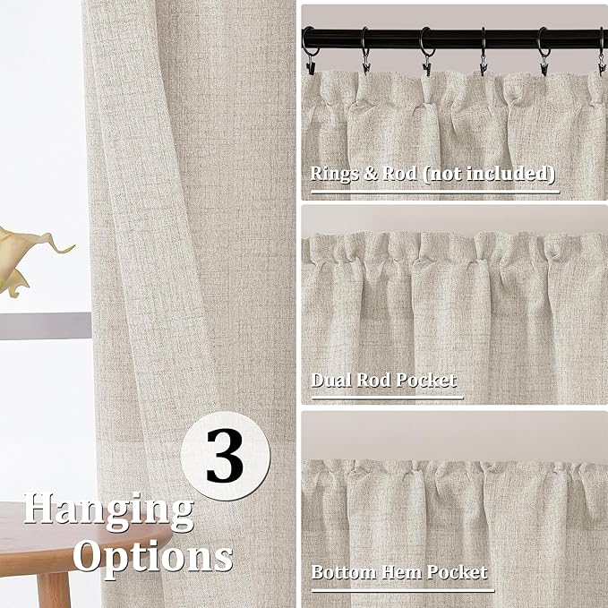 Gwine Natural Kitchen Curtains 30 Inch Length, Light Filtering Faux Linen - Image 4