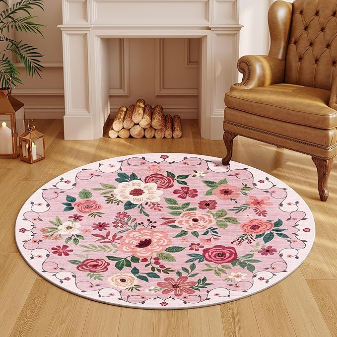 DUKINO Floral Round Rug, 4ft Washable Round Area Rug, Non Slip Indoor Low Pile - Image 5