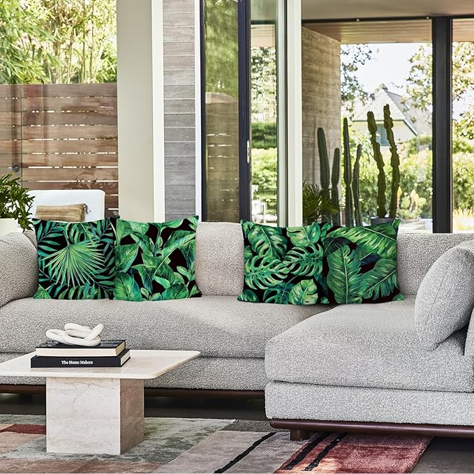 Bonhause Tropical Green Leaves Pillow Covers 18x18 Palm Leaf Decorative Pillow - Image 2