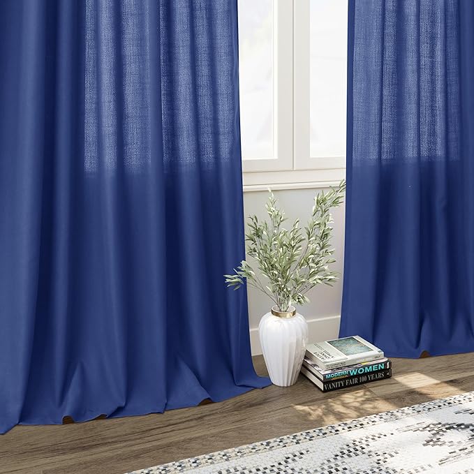Classic Blue Linen Curtains 90 Inch Long 2 Panels Set - Image 6