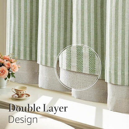 jinchan Double Layer Striped Linen Kitchen Tier Curtain Rustic Cafe - Image 8